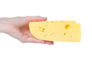 A piece of cheese with holes in hand on white background isolation