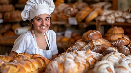Confident female baker in artisan bakery, standing proudly and showcasing her skills