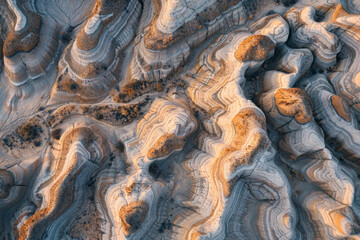 Obraz premium Aerial view of unique rock formations in a desert landscape, highlighting the natural lines and textures of the rocks. Emphasize the minimalist beauty of the scene with a limited color palette. 