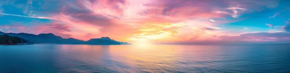 Fototapeta premium A panoramic view of a beautiful colorful sunset over the sea with a mountain range in the background