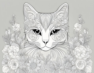 Intricate coloring page of Cat with delicate patterns and flowers, ideal for creativity