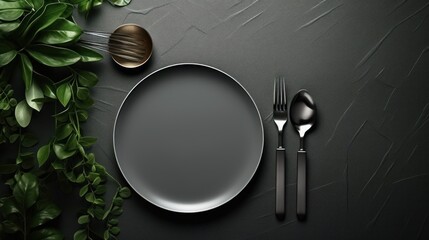 Stylish setting with cutlery, leaves and plates 