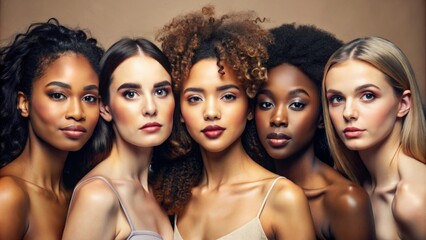Obraz premium Face portrait, diversity and beauty of women in studio isolated on a brown background. Makeup cosmetics, skincare and group of female models with healthy or glowing skin after spa facial treatment.