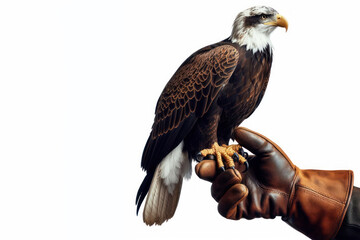 An eagle sits on a gloved hand Isolated on white background
