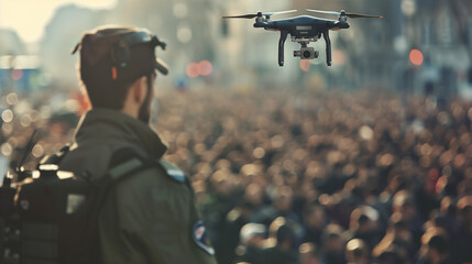 drone surveillance at a festival, security concept, created with generative AI technology