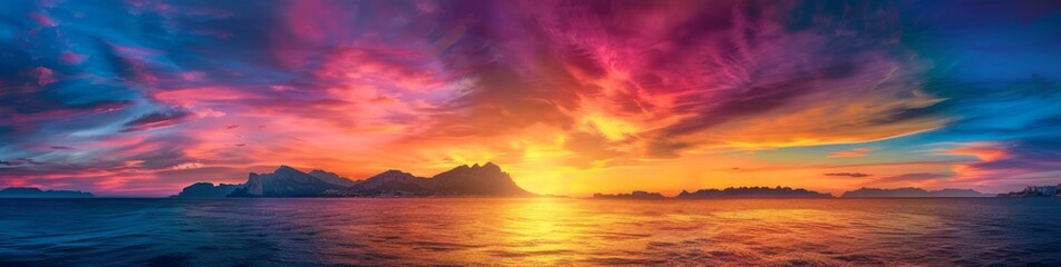 Fototapeta premium A panoramic view of a beautiful colorful sunset over the sea with a mountain range in the background