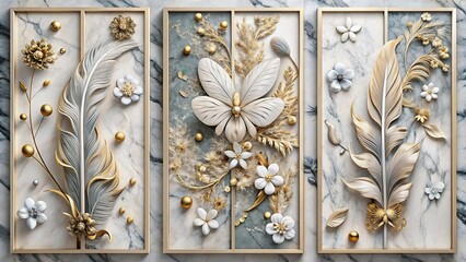Modern and chic panel wall art with a marble backdrop adorned with intricate feather, flower, and butterfly silhouettes for stylish home décor
