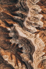 Aerial view of unique rock formations in a desert landscape, highlighting the natural lines and textures of the rocks. Emphasize the minimalist beauty of the scene with a limited color palette. 