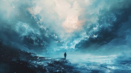 A person stands on a rocky surface amidst a surreal, swirling cosmic sky in shades of blue, reflecting a dreamlike visionary scene