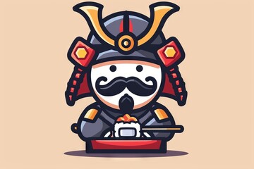 Cute Asian Samurai with Mustache Eating Sushi, Sushi Icon Logo