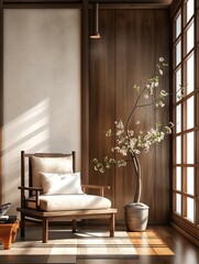 Modern hanok style living room interior, empty wall background