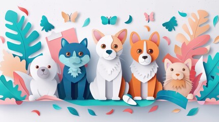 Naklejka premium Five cute paper-cut styled animals, three dogs and two cats, sit together amidst colorful leaves and butterflies, creating a cheerful and whimsical scene.