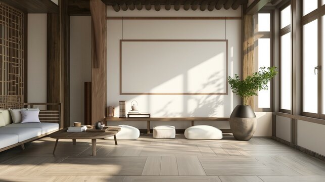 Frame mockup, modern hanok style living room interior