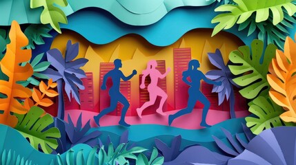 Obraz premium A colorful paper-cut styled illustration of three people running through a tropical landscape with city buildings in the background, symbolizing energy and urban adventure.