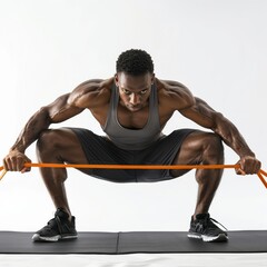 Fototapeta premium Young man exercising with elastic resistance band on fitness mat, gym equipment, bodybuilding