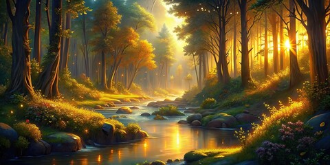 Scenic view of a sparkling forest creek bathed in golden sunlight, surrounded by lush trees and vibrant foliage 