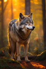 Obraz premium Grey wolf in Sunset forest, Professional wildlife photography