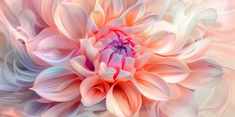 Obraz premium Dahlia. Peach purple color border frame with copy space. It serves as a branding mock up, represents. Holiday marketing concept. Dahlias explosion of abstract flowers, bloom watercolor textures petals