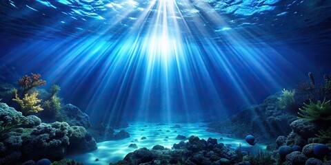 Tranquil undersea environment with a blue sunbeam illuminating the deep water abyss 