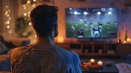 Obraz premium A man watching football on TV in his living room, seen from behind with the focus only on him and his back facing the viewer. 