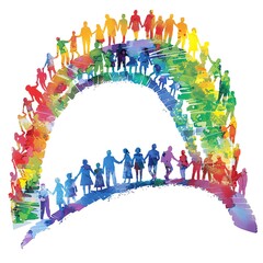 LGBTQ concept rainbow bridge, connecting diverse people, detailed and symbolic illustration on a white background