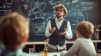 A teacher or professor is teaching in front of a chalkboard in classroom.