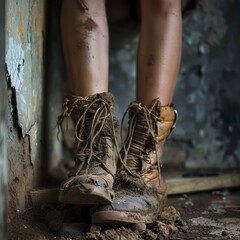 Dirty old shoes, worn out boots, long road, hiking symbol, forest walk, dirt off-road, refugees, holey boots