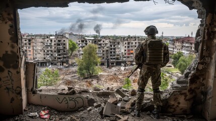 Fototapeta premium A soldier in camouflage, facing a destroyed cityscape through a broken wall, with smoke rising in the background, conveying war's devastation.