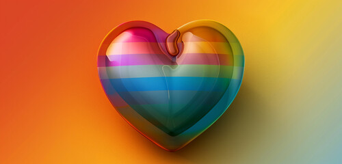 Colorful heart against an ultra-wide gradient of Pride flag colors, space for text.