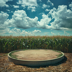 An empty platform as a mockup with a field in the background