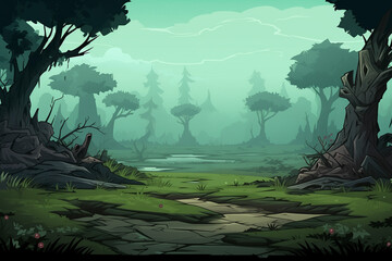Fototapeta premium Spooky Cartoon Forest with Misty Atmosphere and Pathway