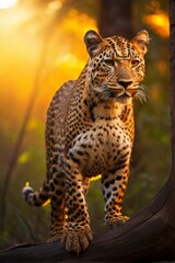Fototapeta premium Jaguar, cheetah, leopard in Sunset forest, Professional wildlife photography