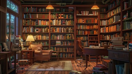 A home library filled with bookshelves, a sofa, and a lamp.

