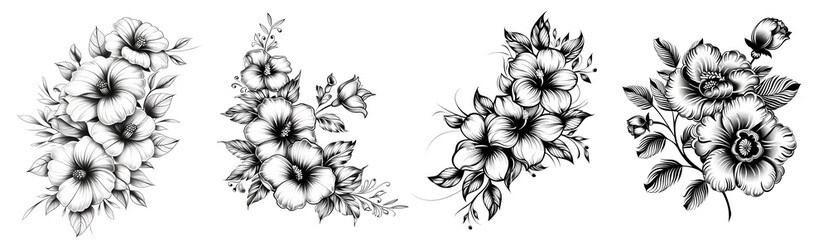 Black and white floral tattoo designs isolated on transparent background intricate patterns
