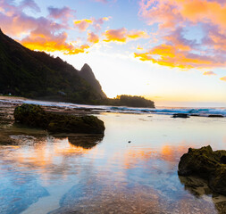 Beautiful Sunset Reflection on The Tide Pools at Tunnels Beach, Kauai, Hawaii, USA