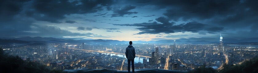 Fototapeta premium Render a solitary figure looking out over a cityscape, contemplating their next steps after job loss, close up, at a city overlook, vibrant, Composite, sprawling urban view