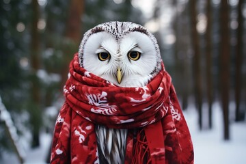 An enchanted snowy owl dons a red winter scarf, blending whimsy with nature among frosty trees - Powered by Adobe