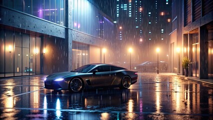 A luxurious new car parked outside a store at night, with rain droplets glistening on its shiny exterior, set against a backdrop of urban lights and reflections 
