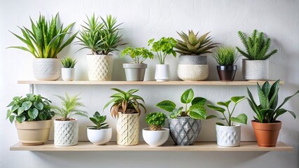 Assortment of indoor plants in stylish ceramic pots on a white shelf against a white wall
