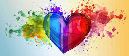 LGBTQ pride color spectrum with a large heart illustration, copyspace for messages.