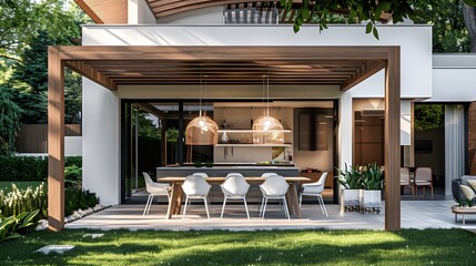 A modern, elegant patio with an open wooden pergola and dining area featuring white chairs around the table. The perfect blend between indoor comfort and natural beauty.
