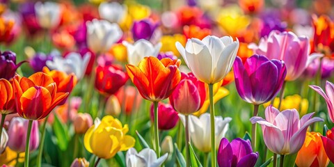 Close up of colorful tulips in a meadow