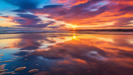 Fototapeta premium A stunning image of a vibrant sunset with clouds reflected on the wet sand during low tide. Ai generative 