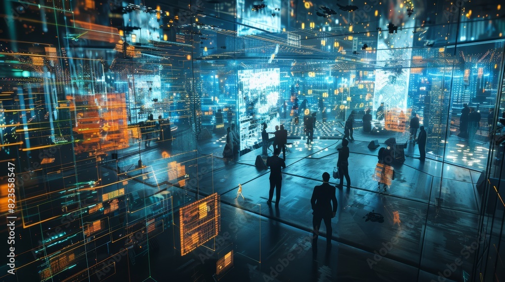 Poster a bustling metaverse marketplace where data is traded as a valuable commodity, with traders negotiat