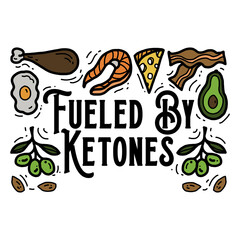 Hand Drawn Colorful Line Art Keto Food, Fueled by Ketones, High Fat Diet, Egg, Salmon, Cheese, Bacon, Olives, Nuts, Meat, Carnivore Ketogenic Diet Illustration 
