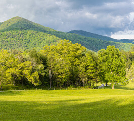 Green Meadow and The Smoky Mountains on The Cades Cove Loop, Great Smoky Mountains National Park, Tennessee, USA
