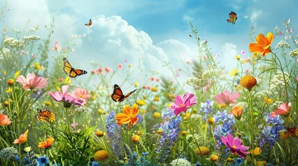 Obraz premium This is a colorful image of a meadow with many flowers and butterflies against the backdrop of a blue sky and white clouds.