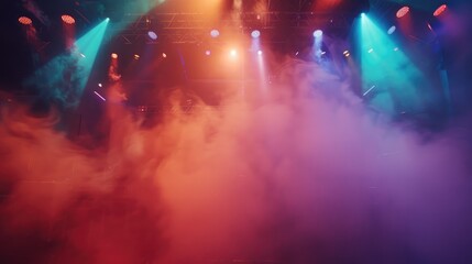 Misty smoke filling the stage during a rock concert, with colorful lights and an energetic crowd