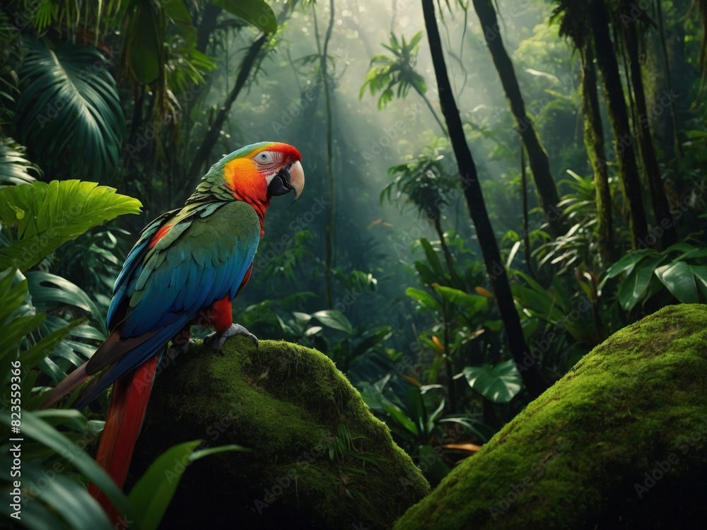 Wall mural AI generated illustration of 3D wallpaper that showcases a colorful parrot perched on a mossy rock