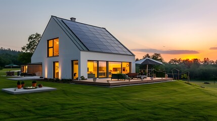 Obraz premium A modern house with solar panels on the roof, illuminated by sunlight at sunset. The home is white and has large windows that allow natural light to fill its interior space. 